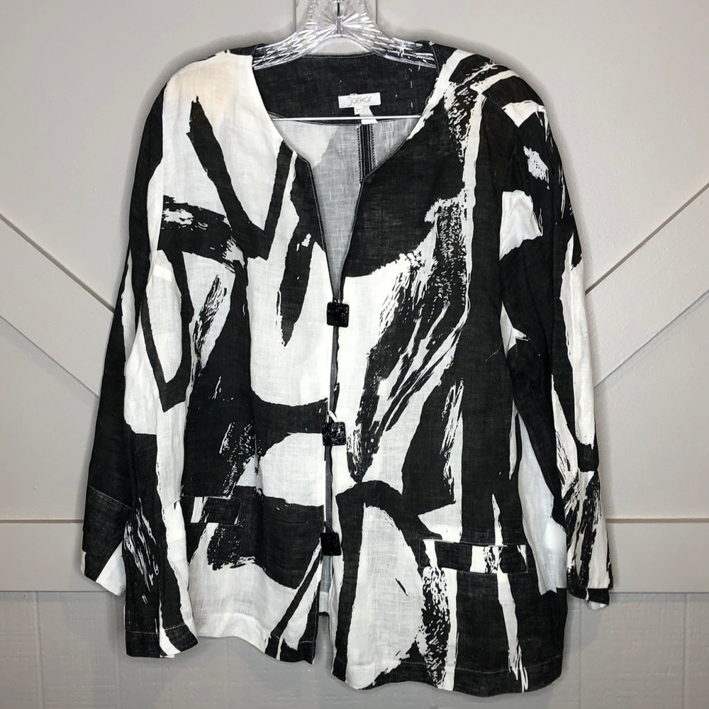 Jaskar Artsy Abstract Pattern Linen Jacket Top Black White Lagenlook Beach 90s